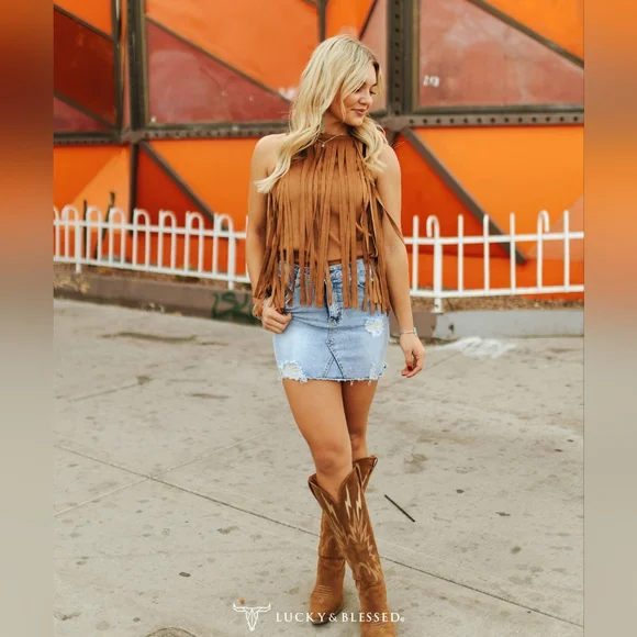 NWT Lucky And Blessed Blue Denim distressed Mini skirt with pockets. - Picture 2 of 2